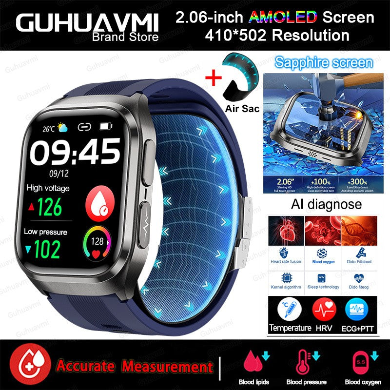 2025 Novo Smartwatch de Enfermagem de Grau Médico Air Bag para Homens, Gordura Sanguínea, ECG+PPG, Pressão Arterial, Transmissão, NFC, Chamada BT HD, Smartwatch de Saúde para Mulheres