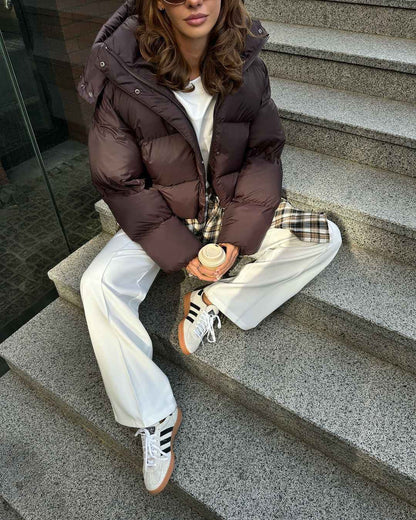 Women Brown Hooded Cotton Coat Fashion Lapel Full Sleeve Zipper Button Warm Loose Short Coats Lady Winter Casual Street Outwear