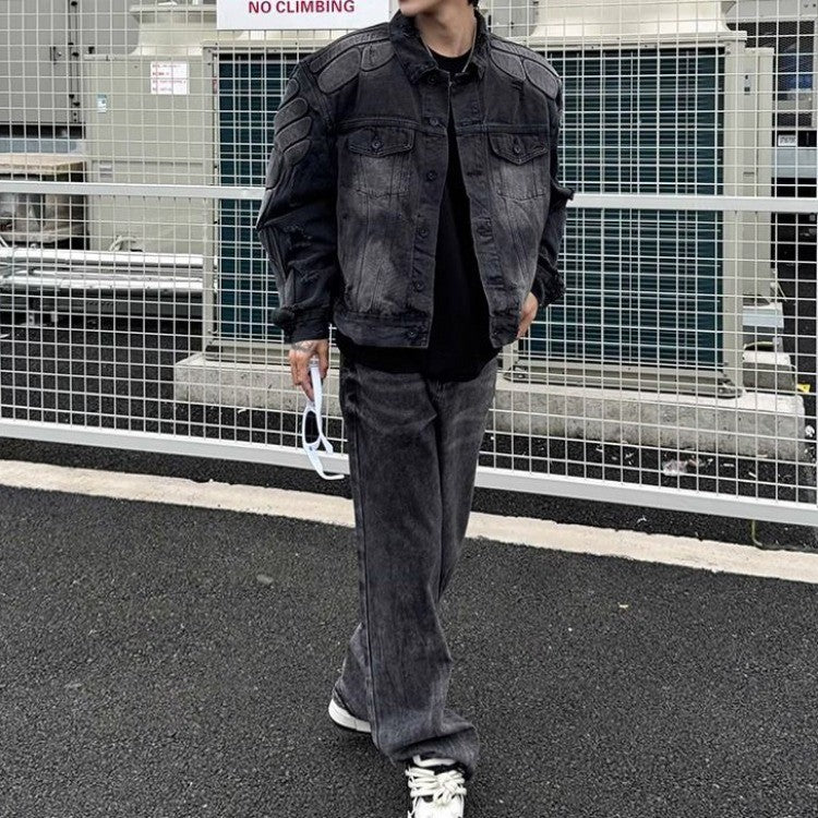American Loose Hole Denim Jacket Men's Spring Broad Shoulder Rugged Handsome Coat Armor Design Motorcycle Jean Jacket Streetwear