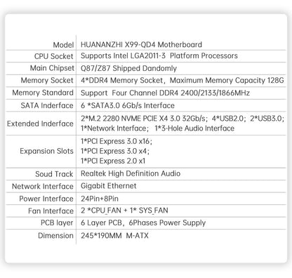 HUANANZHI QD4 LGA 2011-3 Motherboard support XEON E5 2620 2640 2660 2666 2667 2670 2680 2696 V3 V4 DDR3 RECC NON-ECC RAM NVMe