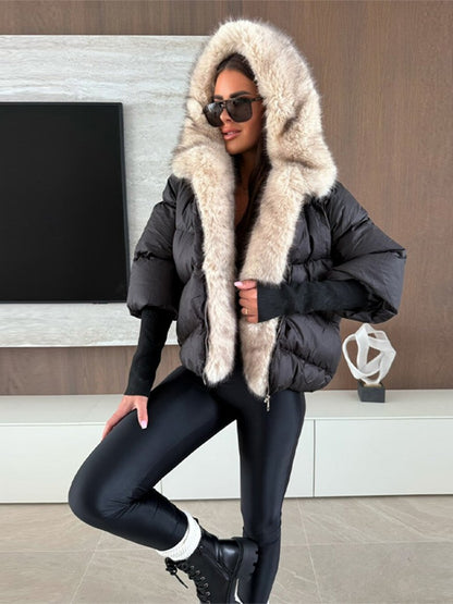 Faux Fur Spliced Hooded Cotton Jackets Women Zipper Long Sleeve Pocket Warm Coats 2025 Winter Fashion Solid Down Jacket New