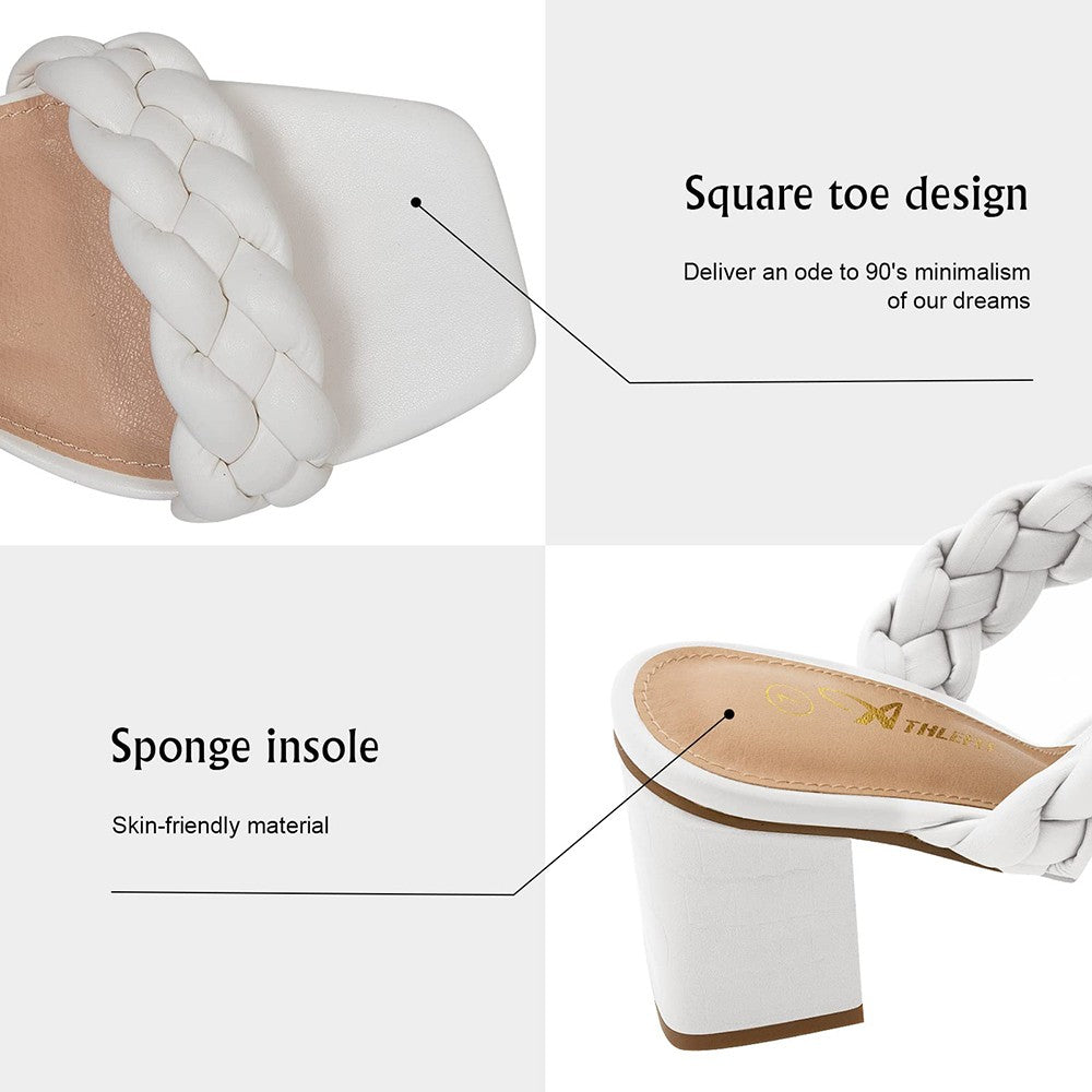 Elegant Women's Braided Heels Sandalias Fashion Strappy Square Sandals Open Toe Backless Mules Slip On Block Heeled Shoes