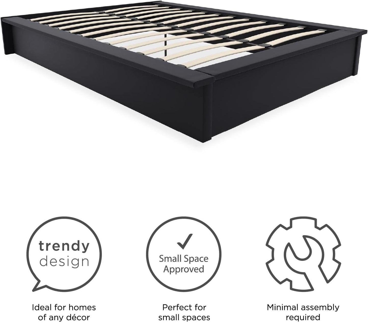 Cama de Plataforma Estofada com 28 cm de Altura para Suporte Elevado de Colchão, Não Necessita de Box Spring, Queen, Couro Sintético Preto