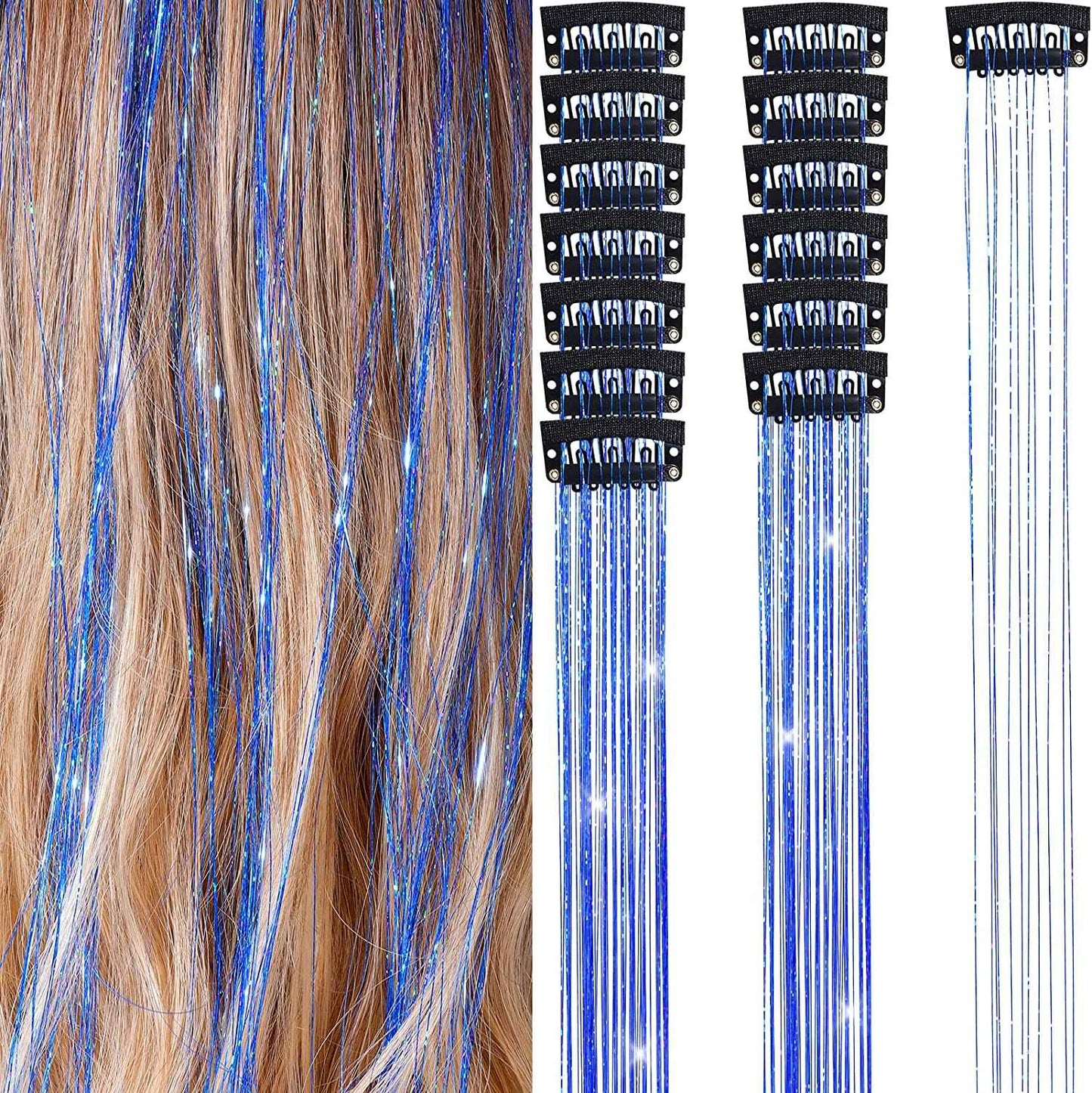 6 peças de extensões de cabelo brilhantes de 50 cm, extensões de cabelo sintéticas, presilhas de cabelo para trançar, chapéus femininos