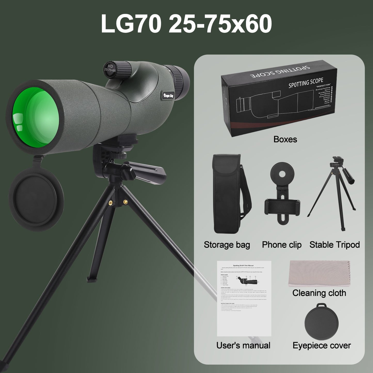 Telescópio Monocular 25-75x60 com Zoom Potente, FMC BAK4, Impermeável, para Observação de Pássaros e Tiro ao Alvo com Tripé