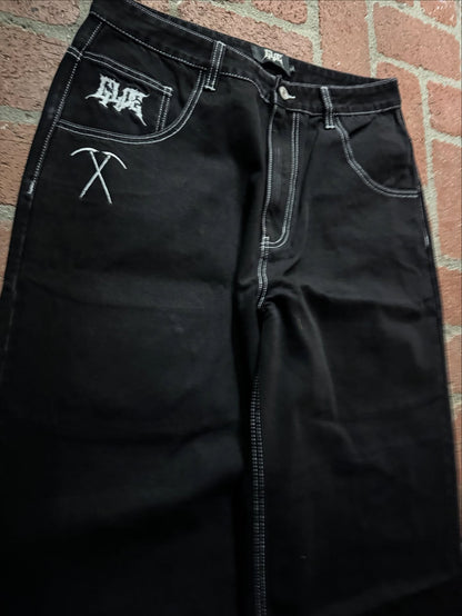 NOVOJeans Estampado Cartum Gótico Retrô Ceifador Vintage Masculino e Feminino Calça de Cintura Baixa Perna Larga Hip Hop Roupa