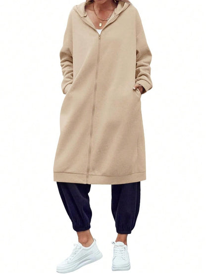 Fisoew lined Winter Coat Women Zip Up Hoodie Warm Long Tunic Sweatshirt With Pockets Outdoor Streetwear Jacket