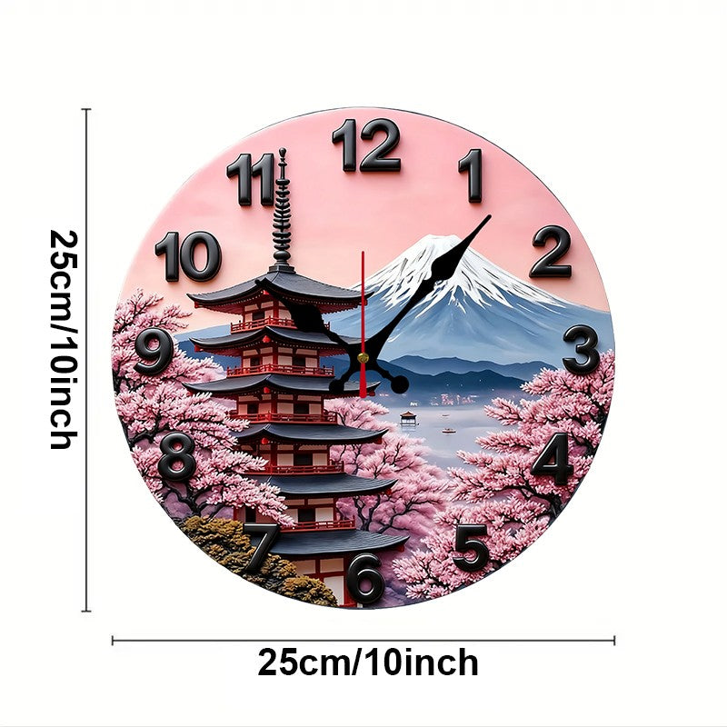 Mount Fuji Design Wooden Round Silent Hanging Wall Clock, Suitable For Living Room, Office, Study Room, Bedroom, Home Decoration