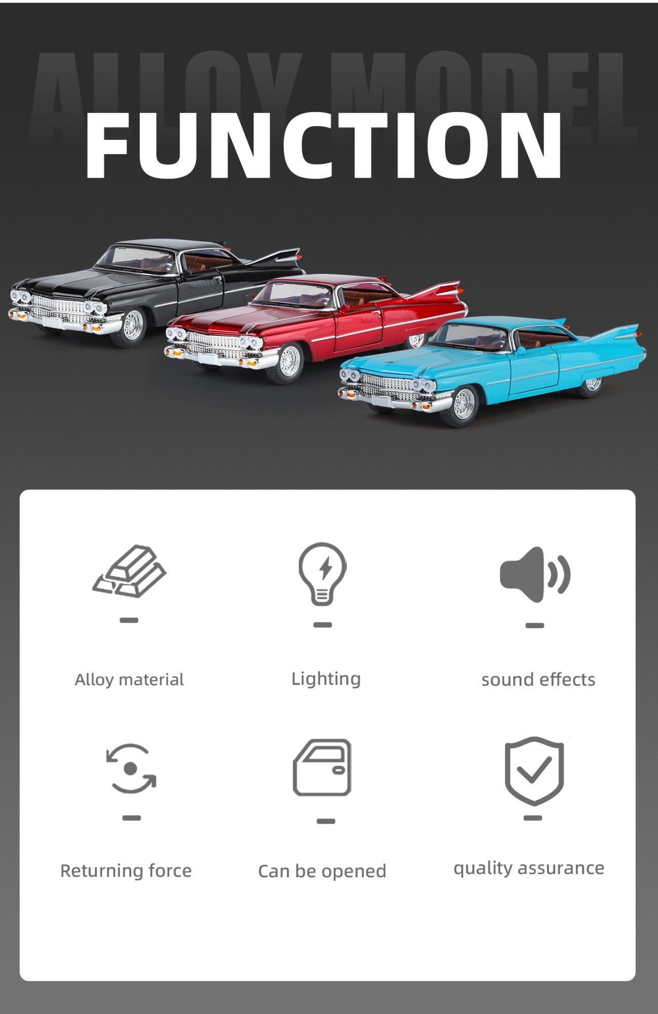 1:32 Cadillac Eldorado Biarritz Classic Retro Car Carro de Brinquedo em Metal Fundido com Som e Luz para Colecionar Puxar para Trás Hobby