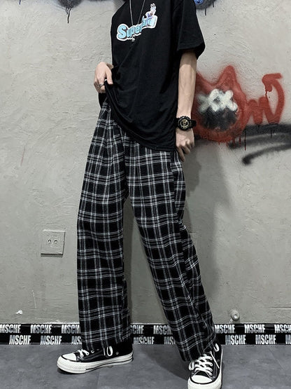 2025 Korean Style Plaid Pants Women Summer New Loose Straight Wide-leg Loose Casual Office Lady Trousers Daily Sweatpants Female