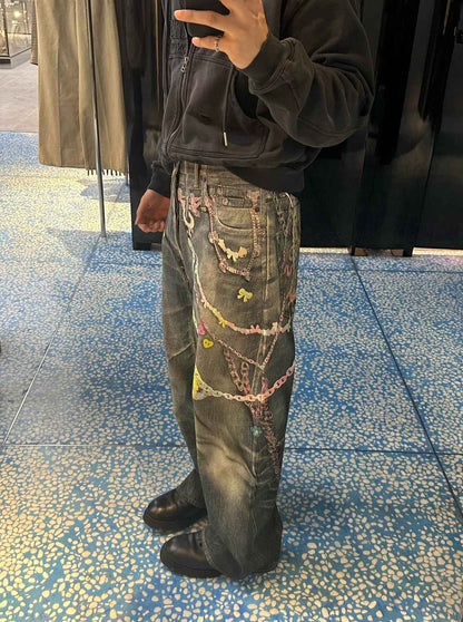 Calça Jeans Casual Unissex com Estampa Digital 3D de Corrente de Doce Estilo American High Street, com Efeito Desgastado e Perna Reta