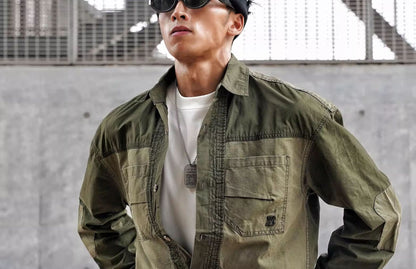 Vintage Patchwork Design Men Autumn Tactical Function Cargo Shirts Y2K High Street Techwear Style Long Sleeve Tops camisetas