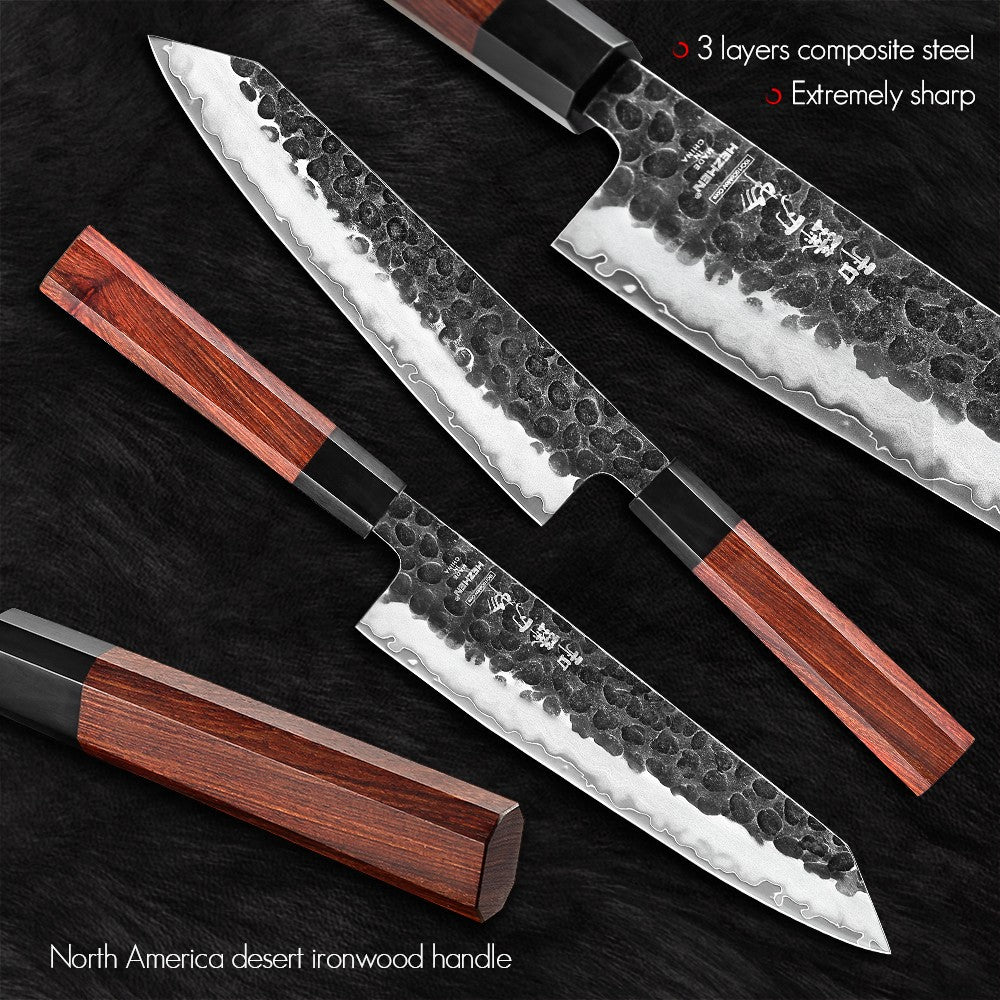 Conjunto de Facas de Cozinha HEZHEN 1-3PC Chef Utilitária Santoku Profissional Aço Revestido Japonês para Carne Faca de Cozinha Madeira Vermelha