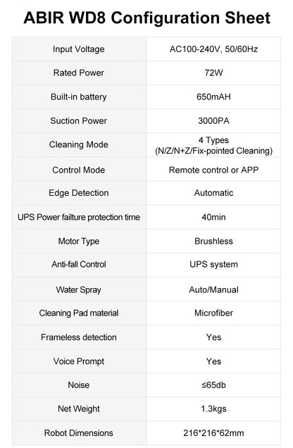Robot Window cleaner ABIR WD8,Dual Water Spray,Smart Memory,High Vacuum Suction, Laser Sensor, Home Wall Glass Cleaning Robot