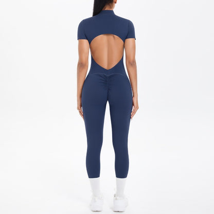 New Women's Yoga Jumpsuit Front Zipper Tight Back Hollow Out Short Sleeve-pants Activewear for Fitness Running Gym Workout