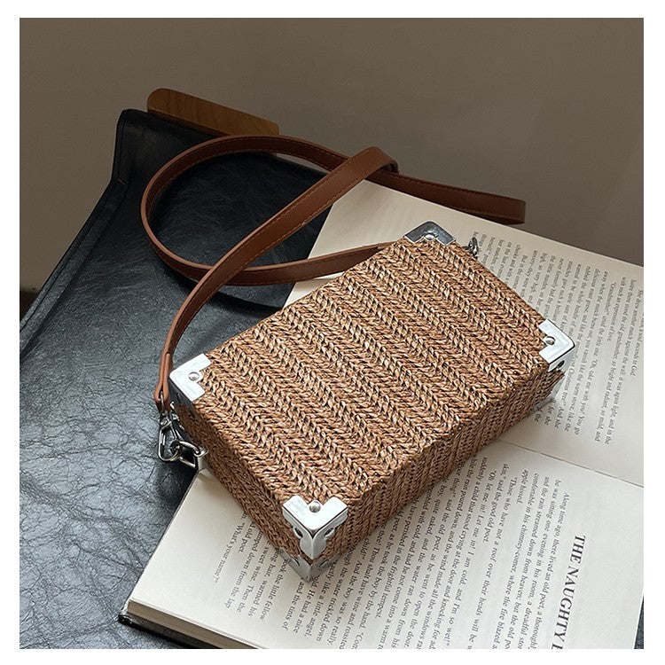 Couple's Sling Bag Straw Weaving with Corner Metal Decoration Boxy Shape Doctor Bag for Date Back to School Party Shoulder Bag