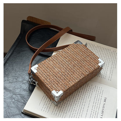 Couple's Sling Bag Straw Weaving with Corner Metal Decoration Boxy Shape Doctor Bag for Date Back to School Party Shoulder Bag