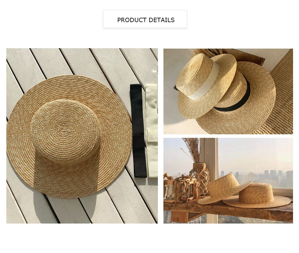 Chapéu de sol feminino de verão com aba larga, Fedora, palha de trigo natural, chapéu de praia, chapéu de sol feminino de ráfia, Panamá Jazz