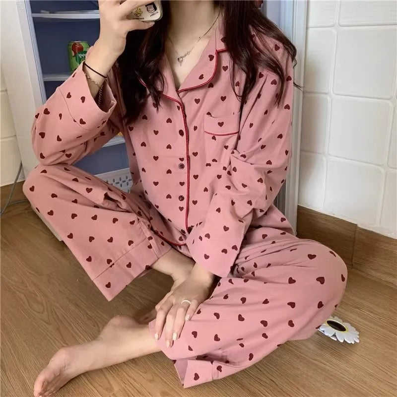 M-XXL Large Size Nightwear Women Sleepwear Autumn and Winter Cardigan Home Wear Peach Heart Long Sleeves School Silk Pajamas