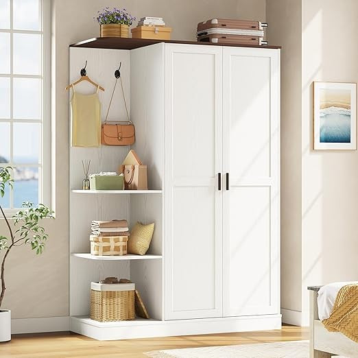 Wardrobe Closet, Modern Bedroom Armoires with 5 Shelves, 2 Doors, Large Wooden Closet Cabinet with 30W x 52H Hanging Area