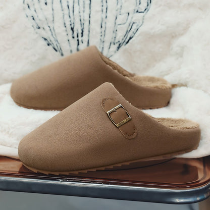 2025 New Unisex Winter Home Slippers Fashion Buckle Design Warm Fleece Lined Non - Slip Indoor Comfort Slippers New Arrival