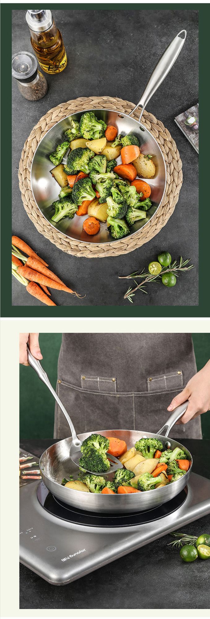 Frying Pan 304 Stainless Steel Non-Stick Steak Pan 22/24/26/28cm Skillet Wok Kitchen Cookware for Gas and Induction Hobs