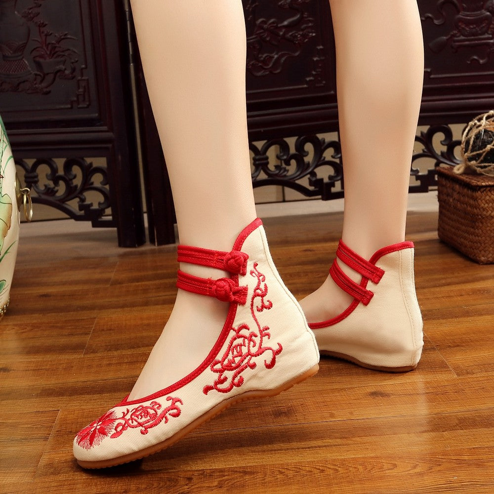 Veowalk Sunflower Embroidered Women Canvas Ballet Flats Ankle Strap Ladies Casual Cotton Chinese Embroidery Ballerina Shoes