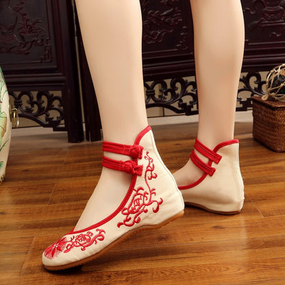 Veowalk Sunflower Embroidered Women Canvas Ballet Flats Ankle Strap Ladies Casual Cotton Chinese Embroidery Ballerina Shoes