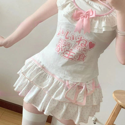 Deeptown Harajuku Y2k Lolita Mini Skirt Women Bow Japanese Style Kawaii Pleated Skirts Sweet Dot Ruffles Cake Layered Skirts