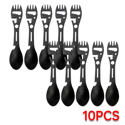 Outdoor Multi-functional 5-in-1 EDC Camping Survival Tool Stainless Steel Fork Knife Spoon Can Opener Bottle Opener Wrench