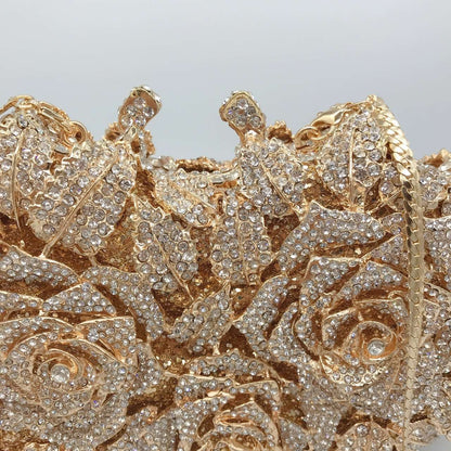 Golden Silver Luxury Crystals Evening Bags Fashion Rose Flower Diamonds Clutch Bags Soiree Purse Women Wedding Bride Handbags