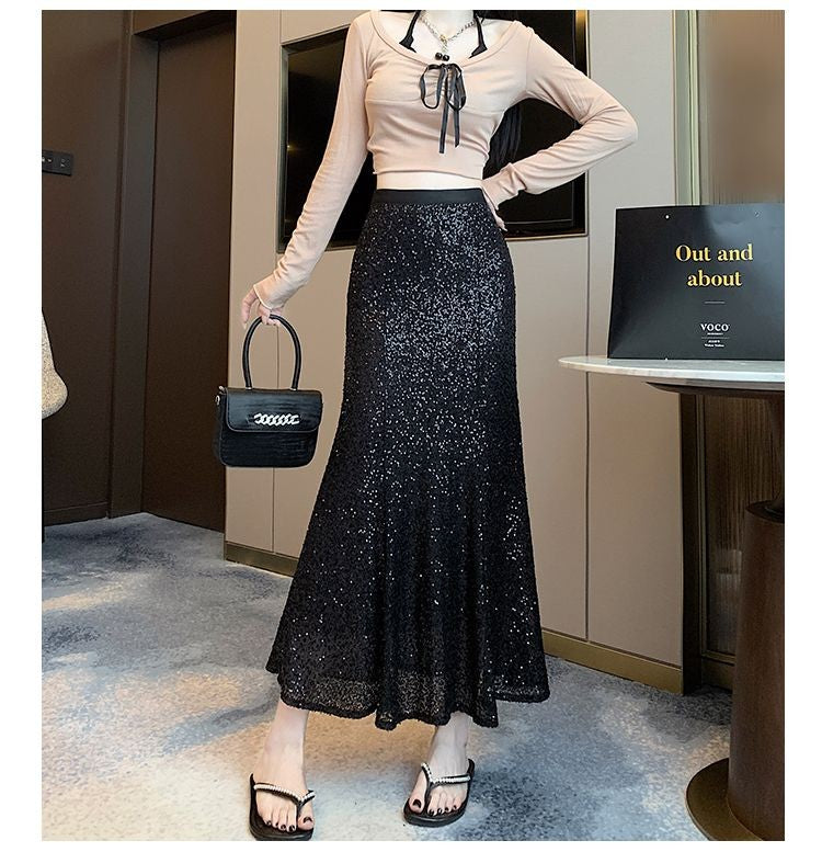 Elegant Sequined Long Black Skirts Women High Waist Party Club Faldas Largas Korean Fashion Y2k Clothes A Line Mid Length Skirt