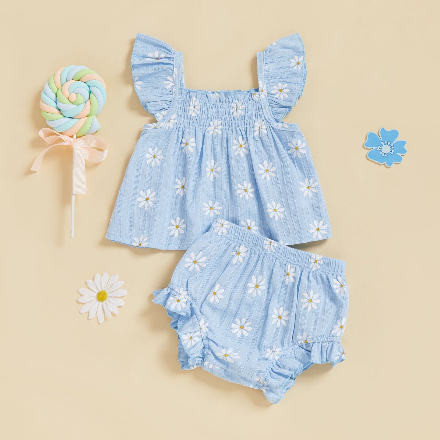 Baby Girl Daisy Outfit Toddler Girls Flying Sleeve Babydoll Tops Elastic Waist Ruffle Shorts Cute Summer Clothes 2Pcs Sets