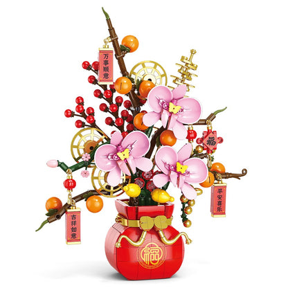 City Creativity Flower Bouquet Peach Blossom Narcissus Bonsai Potted Plant Building Blocks Model New year Home Decoration 2025