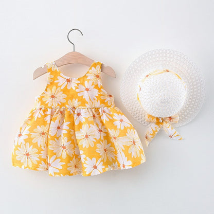Summer Newborn Baby Clothes Toddler Girl Clothes Cotton Beach Suspender Dress+Sun Hat Princess Dresses2 Pcs