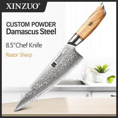 XINZUO Conjunto de Facas de Cozinha 1-8 Peças Aço Damasco Personalizado 73 Camadas Lâmina de Aço 15°±1 Por Lado com Cabo de Madeira de Oliveira