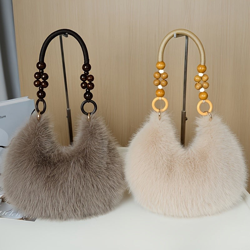 Women's Faux Handbag, Plush Faux Tote Purse with Bead Accented Strap, Zipper Closure Elegant Handbags Shoulder Bags for Everyday