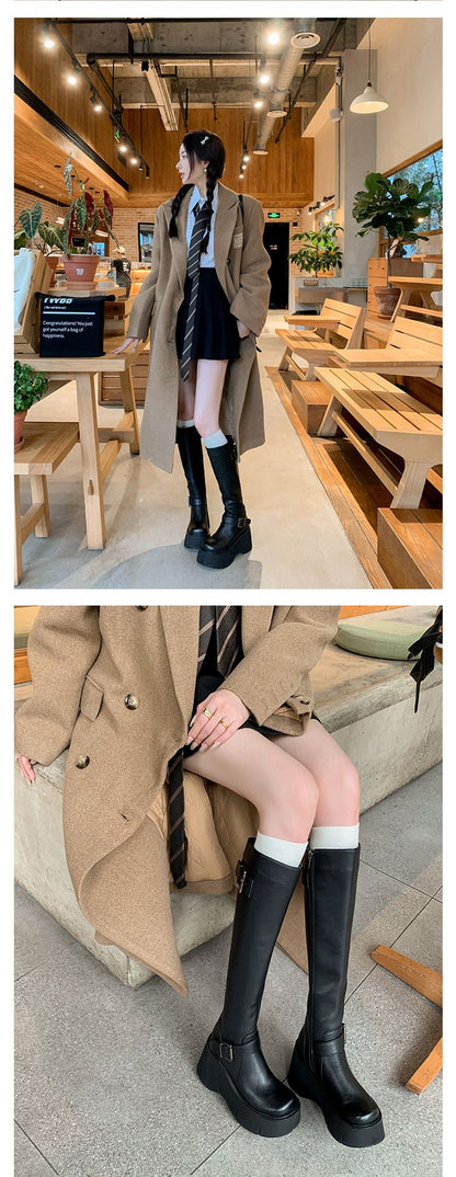 2024 Women's Shoes Basic Women's Boots Classics Knee-High Boots Women Belt Buckle Side Zip Round Toe Wedge Platform Shoes Ladies