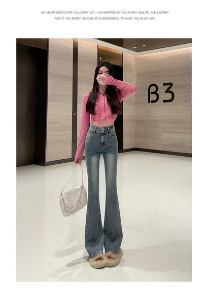 High Waist Fce Lined Thiened Autumn Winter American Bla ey Micro Flared Jeans Women Slimming Legging  Hoof Pants