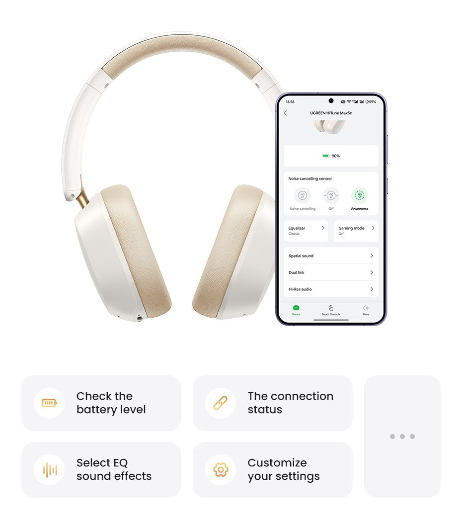 Fones de ouvido Bluetooth sem fio UGREEN Max5c ANC com cancelamento de ruído ativo de 43dB, Hi-Res LDAC, 75H de áudio espacial