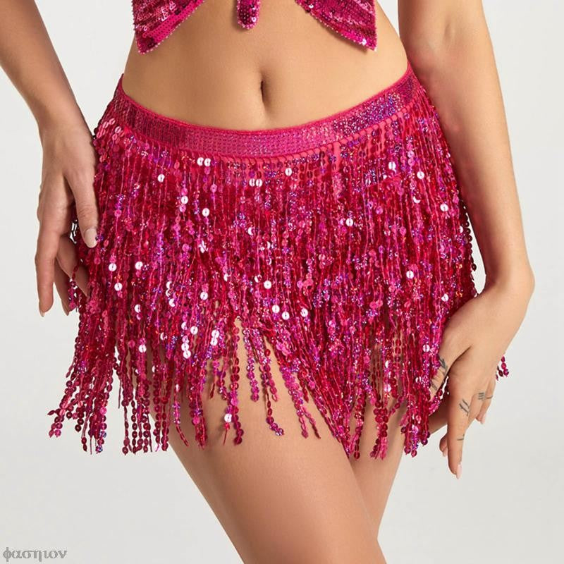 Sexy Women Belly Dance Hip Tutu Skirt Scarf Wrap Belt Glitter Sequins Tassel Hipscarf Skirt Sundress Costume Fringe Skirt Outfit