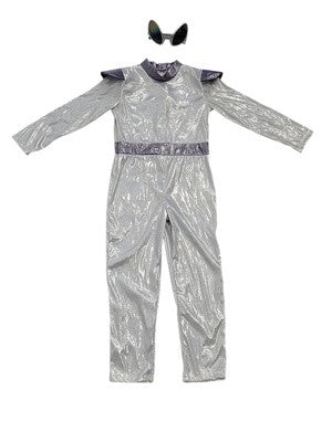 Silver alien style jumpsuit costume with eye headwear for party and role play