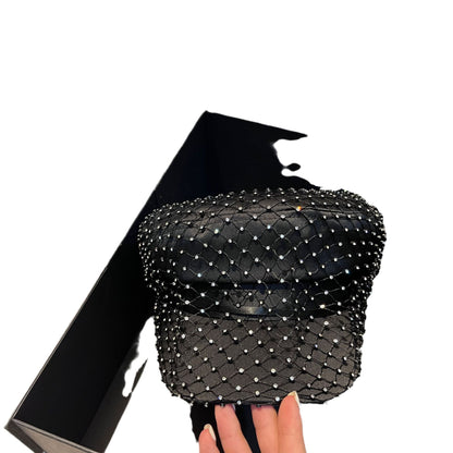 Chapéu Elegante com Strass em Malha Preto Versão Coreana de Alta Qualidade Moda Leve Luxo Estilo Pequeno e Perfumado Chapéu de Aba Reta Bico de Pato