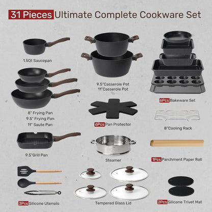 Pots and Pans Set Non Stick 31 Piece Kitchen Nonstick Cooking Cookware Sets with Grill Pan Saucepan Baking Sheet Utensil