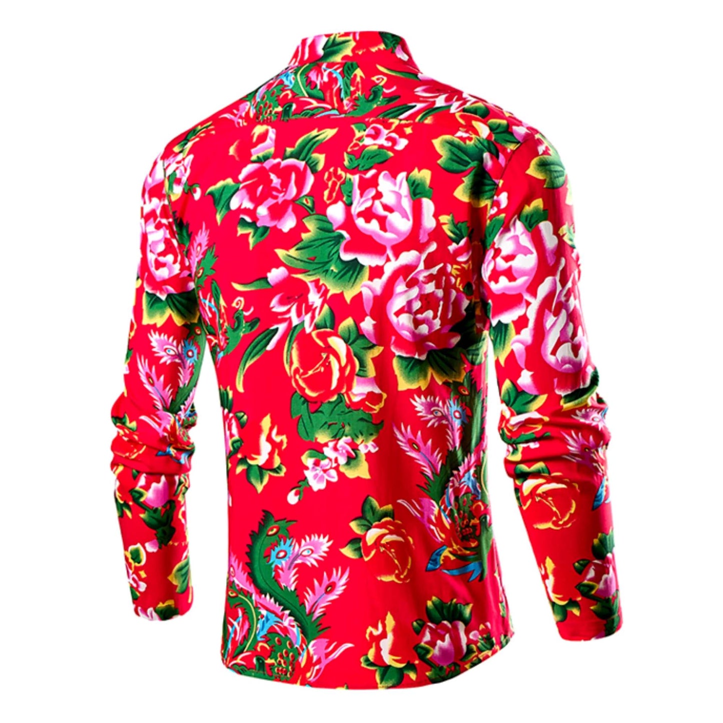 Chinese Style Men's Stand-up Collar Long-sleeved Shirt, Single-breasted Printed Shirts, Fashion Casual Camisas, Red Green Blue