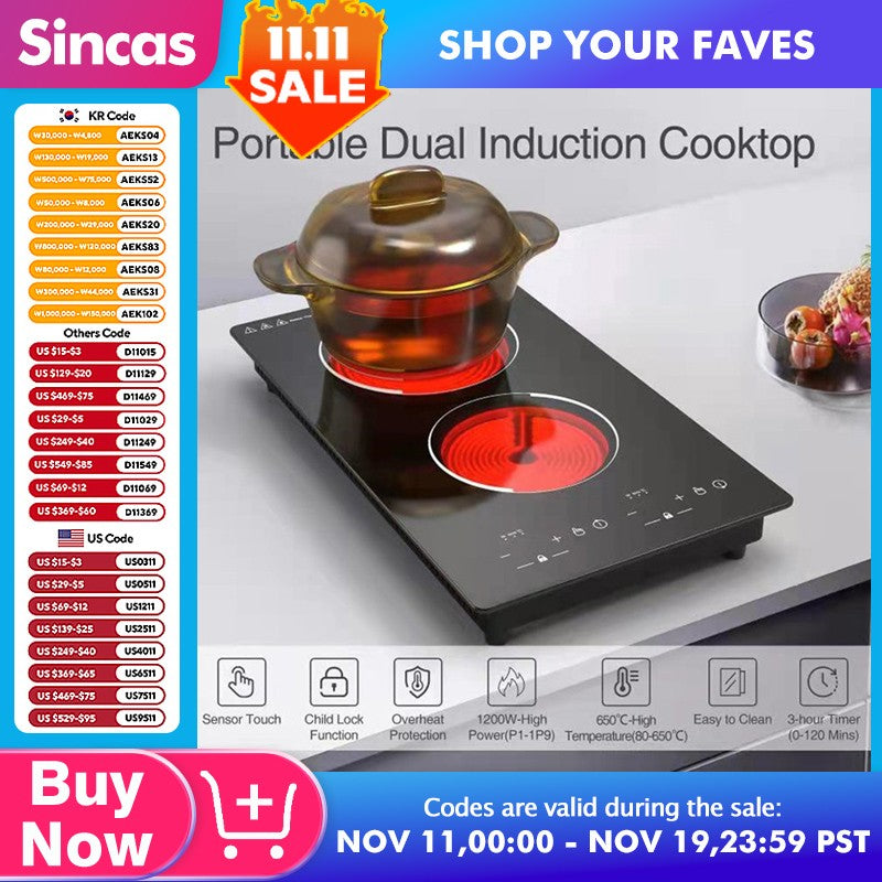220\110V Embedded Double-Head Electric Ceramic Stove Induction Cooker Vertical Full-Plate Double-Head Light Wave Stove