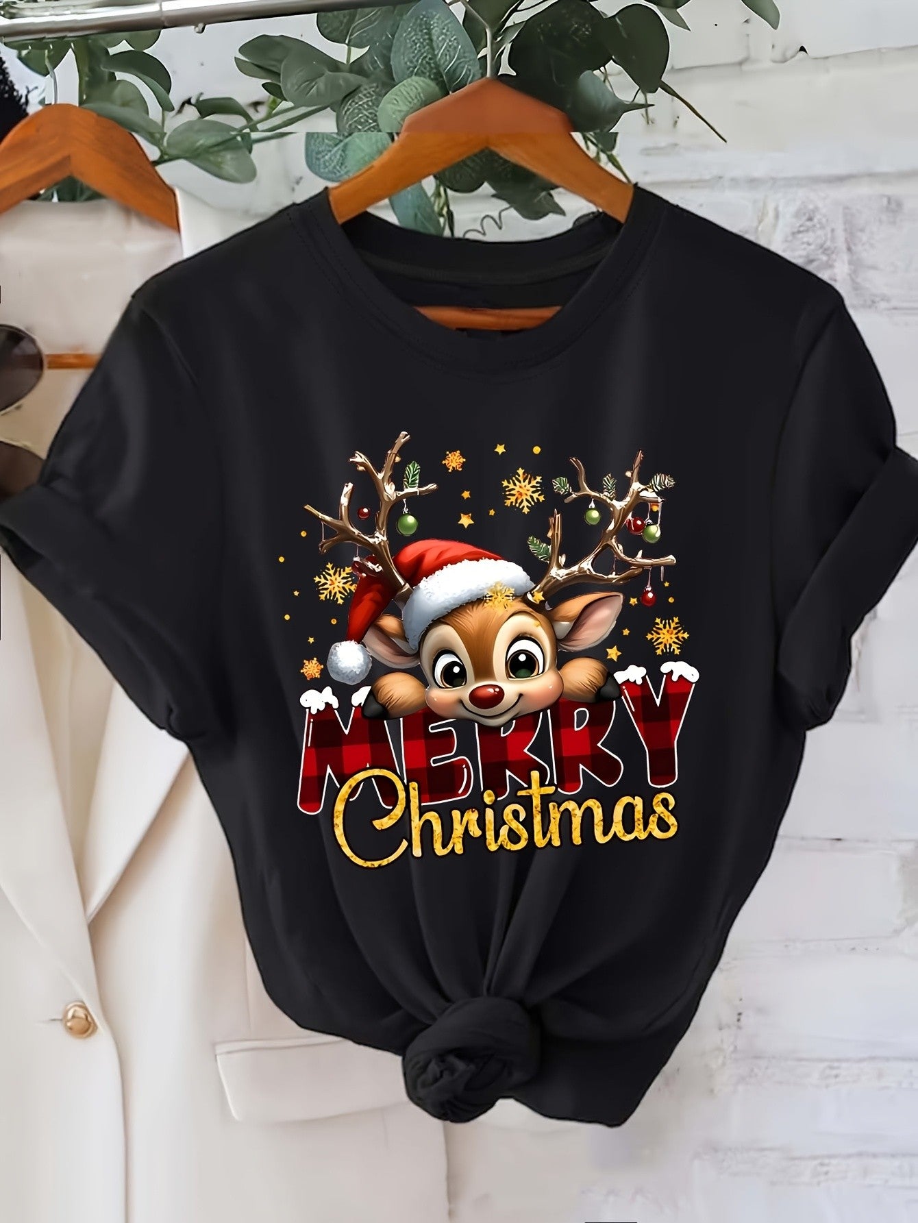 Women'S Festive Deer Christmas Graphic T-ShirtCrew Neck Short Sleeve Casual Top Harajuku Short Sleeve Casual Aesthetic Clothes