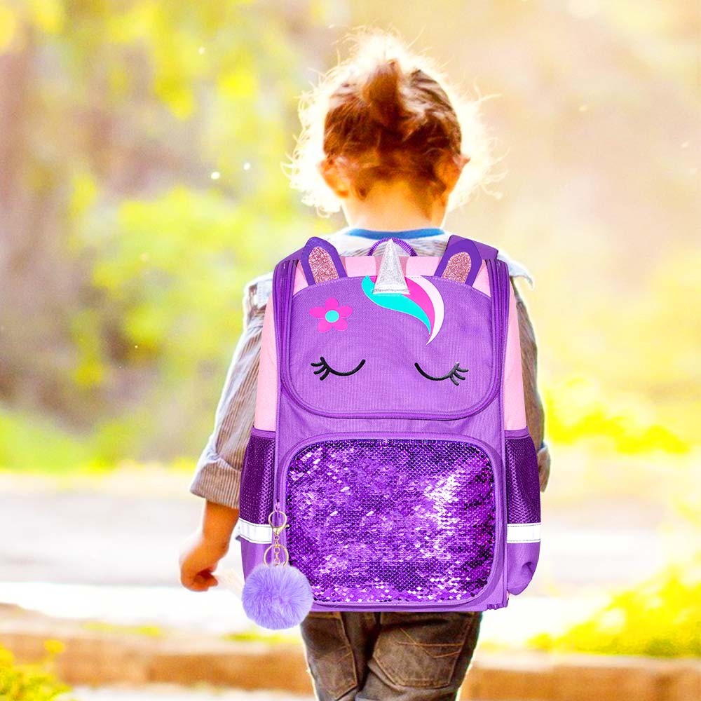 3PCS Unicorn Backpack, 15" Girls Sequin Bookbag with Lunch Box, Purple Kids School Bag for Elementary 2 sold