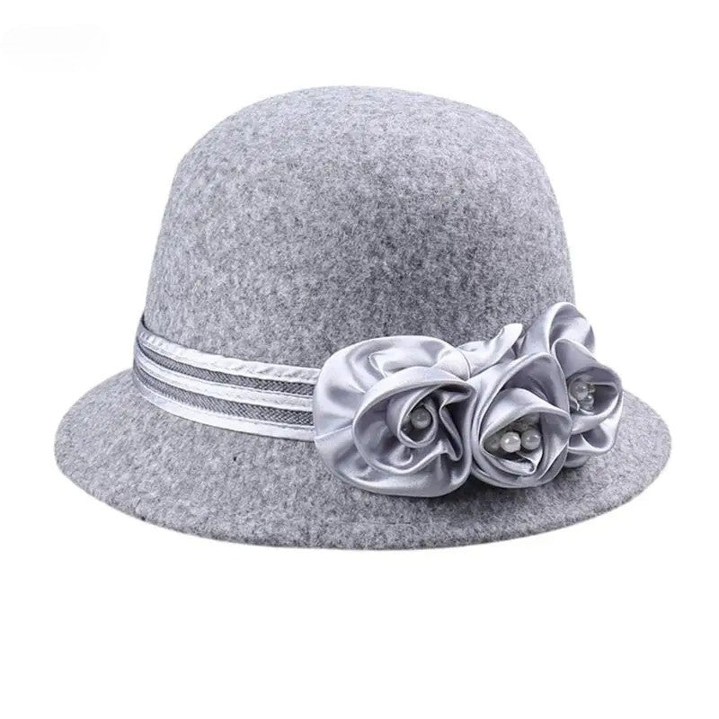 Autumn Winter NEW Wool Formal Hat Women’s  Hat Church Hat Fisherman Hat Rose Blossoms Pearl Elegant Fashion Versatile