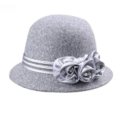 Autumn Winter NEW Wool Formal Hat Women’s  Hat Church Hat Fisherman Hat Rose Blossoms Pearl Elegant Fashion Versatile